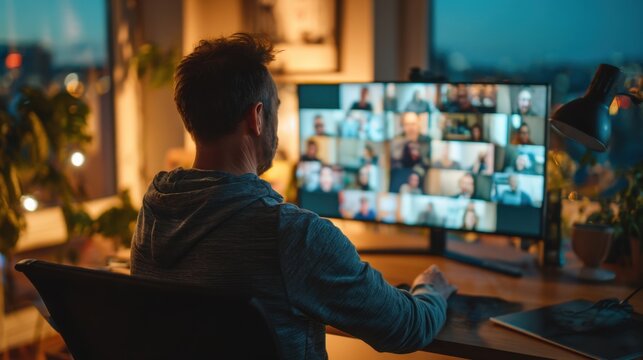 Man attending a virtual meeting on a widescreen monitor during evening hours in a cozy home office with warm lighting and cityscape view outside the window