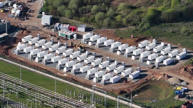 Aerial View of 110 kV Substation with Battery Storage Construction Site &ndash; Renewable Energy Storage, Grid Stabilization and Energy Transition Infrastructure