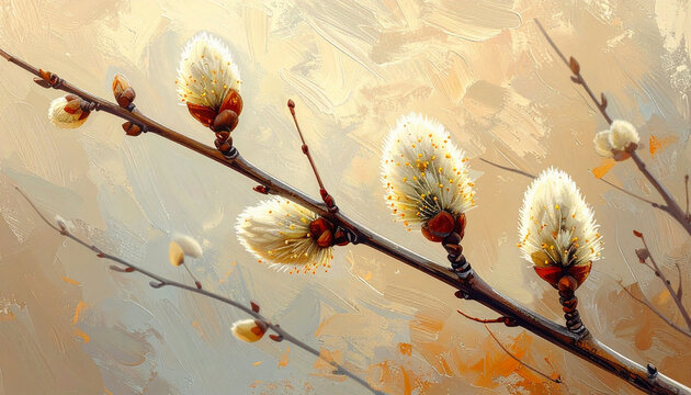 Close-up illustration of willow catkins on a bare branch