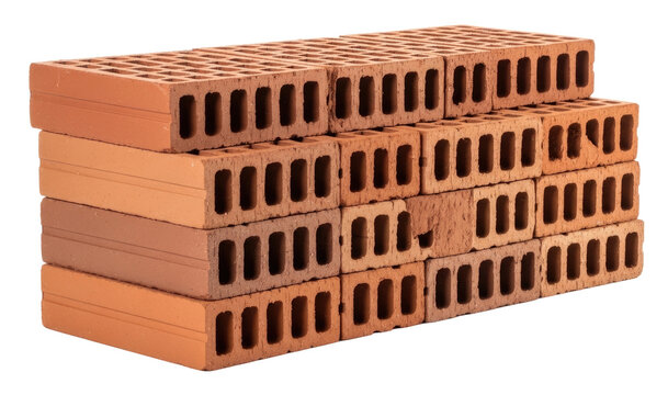 A stack of red bricks is arranged on a transparent background. The bricks are neatly stacked, showcasing their textured surfaces and uniform size.