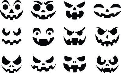 Fototapeta premium Halloween pumpkin faces set, spooky jack o lantern expressions, black vector illustration collection