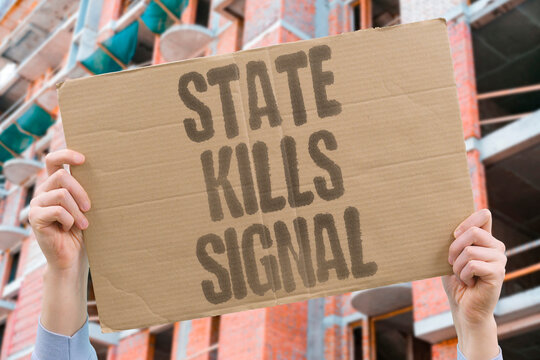 "State Kills Signal" Regime-controlled telecoms comply with orders to terminate internet service. REGIME. TELECOMS. COMPLY. TERMINATE. SERVICE.
