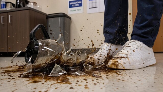 Shattered Coffee Pot Splashing Liquid and Glass Shards on White Sneakers in Office Breakroom