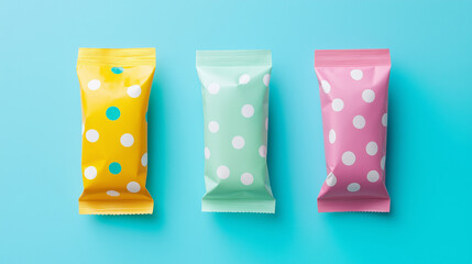 Fototapeta premium Three colorful snack bars in polka dot packaging on blue background flat lay mockup