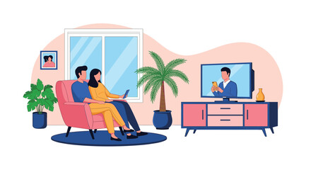 Obraz premium Young couple relaxing on a comfortable sofa and watching television in a modern living room with cozy interior design.