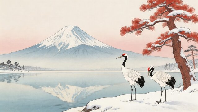 Two cranes near a snowy mountain