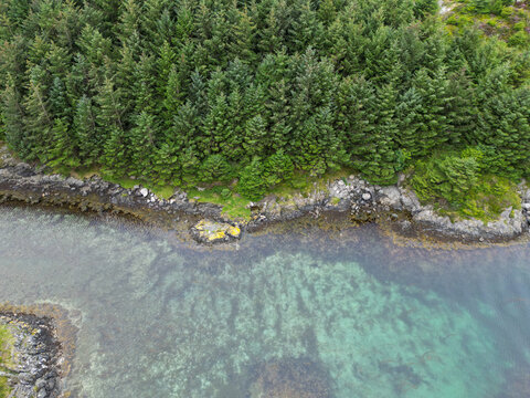Top Down Aerial View of Rocky Norwegian Coast