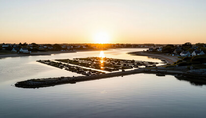 Fototapeta premium a tranquil sunset over a river with floating structures. The sun sets behind the horizon, illuminating the calm water and surrounding houses.