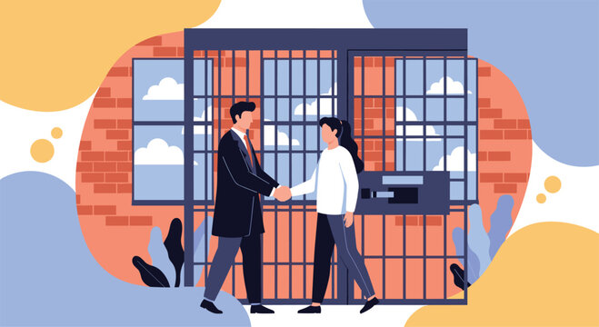 Professional legal agreement concept with two people shaking hands in front of prison cell bars and brick wall.