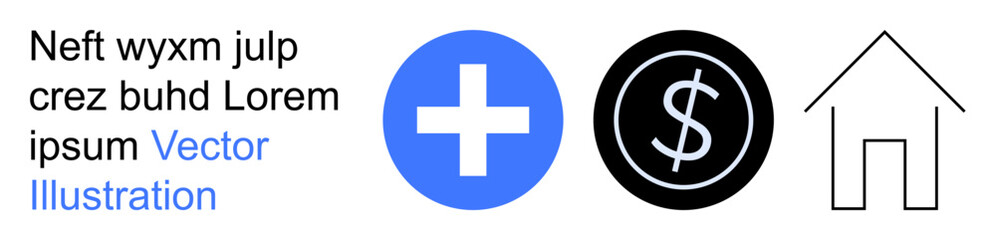 Obraz premium Healthcare, finance, homeownership, medical expenses, economic planning, healthcare costs. Blue cross, dollar icon and house outline. Healthcare and finance concepts for medical expenses and home