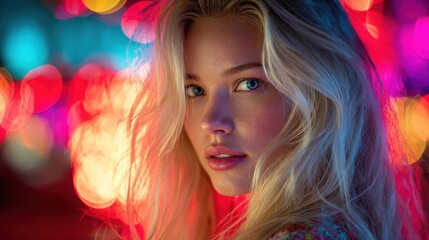 Naklejka premium Portrait of a young woman with blonde hair illuminated by vibrant colorful city lights creating a dreamy and captivating nighttime atmosphere