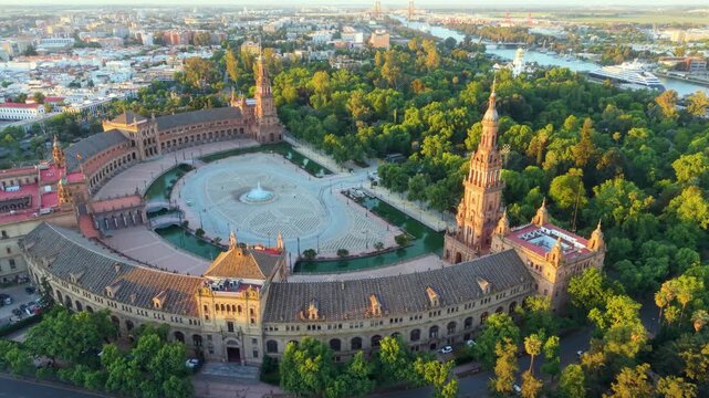 Seville square panorama. Aerial shot of Seville plaza. View from above of historic Seville site