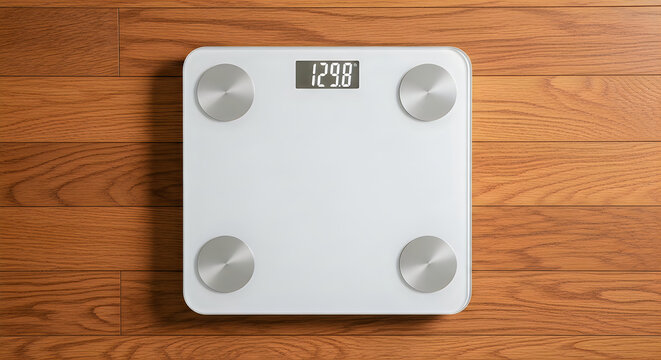 Digital bathroom scale on wooden floor