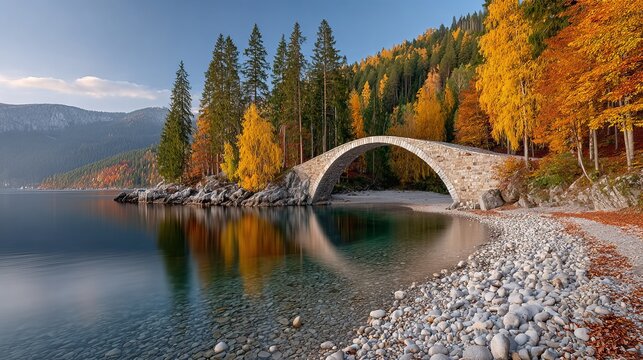 A graceful, arched stone bridge spans a small inlet of a crystal-clear mountain lake, reflecting perfectly in the still water. The scene is framed by vibrant autumn trees in shades of orange 