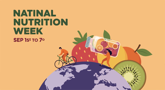 Celebration of Natinal Nutrition Week with colorful healthy food illustrations on a globe background emphasizing global