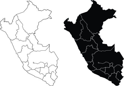 Peru map outline and silhouette with regional borders Vector