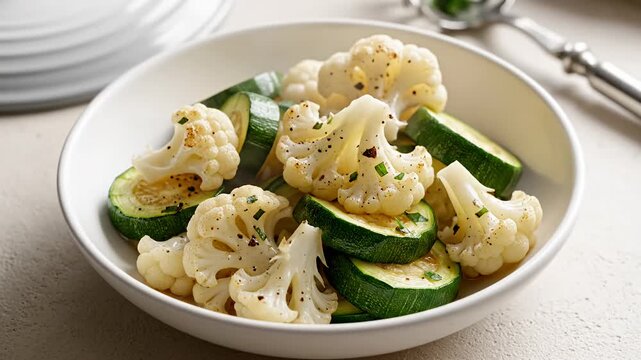 Close up of fresh cauliflower and zucchini with seasonings in a white bowl