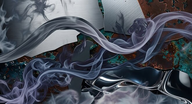 Smoke swirls gracefully over a metallic surface and weathered papers to create an abstract composition that evokes mystery and artistic expression through dynamic flowing forms and deep shadows.