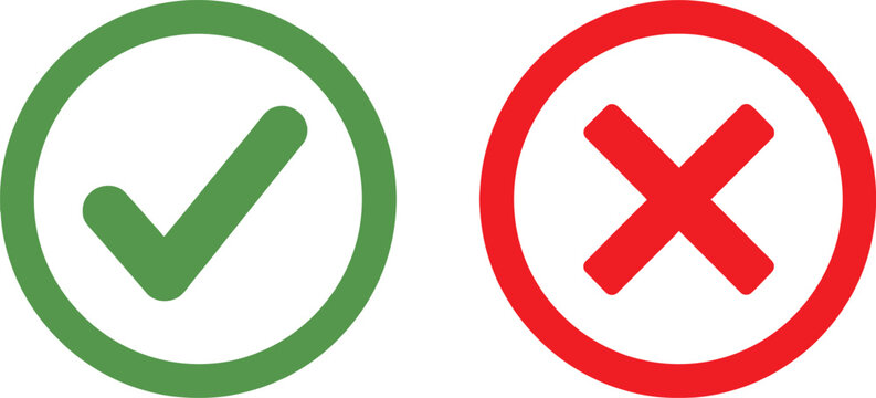 Green check mark and red cross sign icons for true or false choice selection Vector