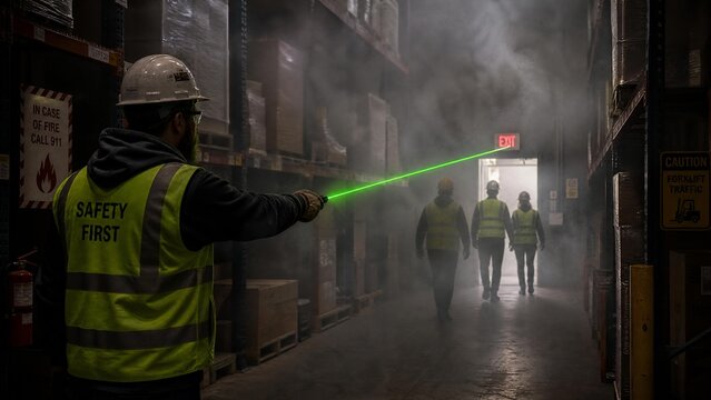 Industrial Safety Officer Pointing Green Laser to Emergency Exit During Fire Evacuation Drill in Smoky Warehouse