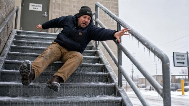 Man Slipping and Falling Down Icy Stairs Outside Office Building, Workplace Accident and Safety Hazard Concept
