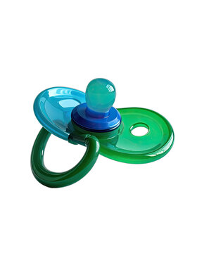 A vibrant, multicolored pacifier is prominently displayed against a stark black background, showcasing its glossy texture and playful design.