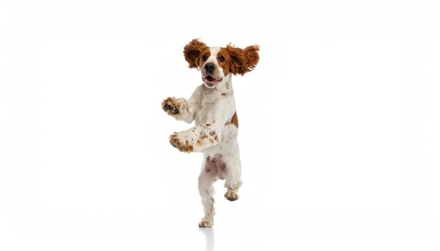 Energetic dog with floppy ears joyfully jumps, capturing playfulness on a clean, bright background
