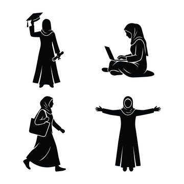 Muslim Woman Silhouette Set Four Poses Graduate Student Walking Arms Open Hijab Female Black Isolated Vector