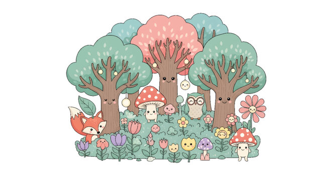 Adorable pastel forest illustration featuring cute cartoon trees, smiling mushrooms, a friendly fox, and an owl amidst whimsical flowers, perfect for kids' projects.