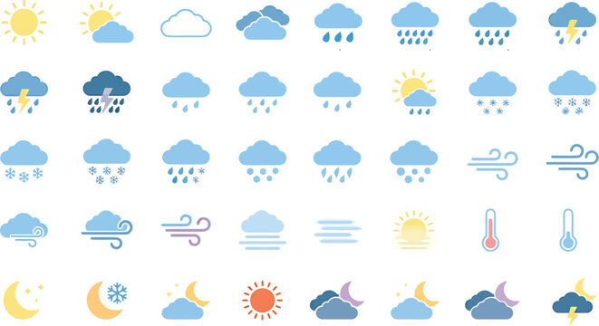 Set of flat weather icons featuring sun clouds rain snow wind and temperature symbols for digital interface design applications