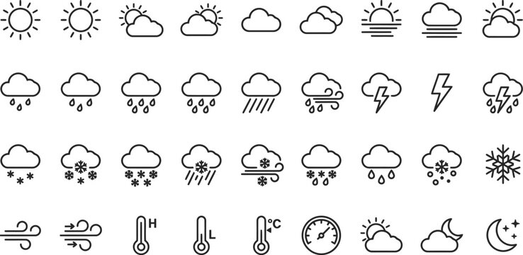 Set of weather forecast icons featuring sun clouds rain snow wind and temperature symbols in a clean linear vector style
