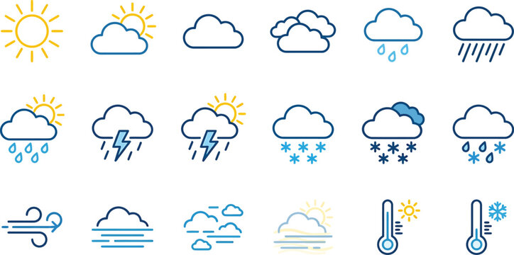 Set of weather forecast icons featuring sun clouds rain snow lightning wind and temperature symbols in flat vector style