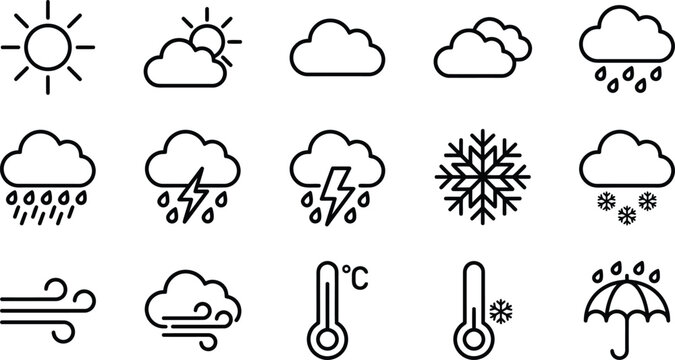 Set of weather forecast icons featuring sun clouds rain snow wind and temperature symbols in a simple line art style