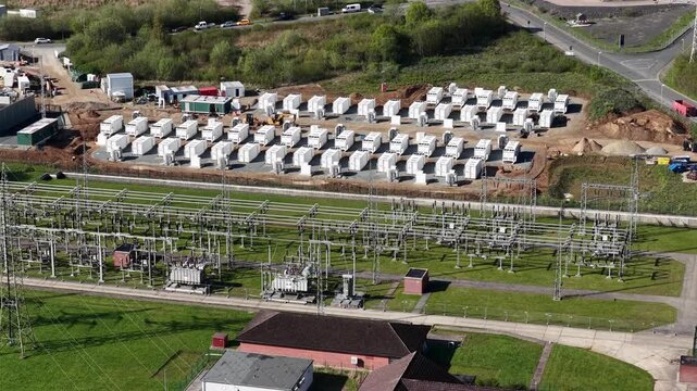 Aerial View of 110 kV Substation with Battery Storage Construction Site &ndash; Renewable Energy Storage, Grid Stabilization and Energy Transition Infrastructure