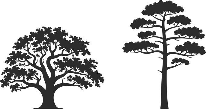 Black tree silhouettes set isolated on white background detailed oak and pine vector illustration for design elements pack