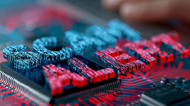 Close-up of a scam alert text displayed on a circuit board background with distressed digital font, cyber fraud warning concept, phishing awareness, internet crime visualization,