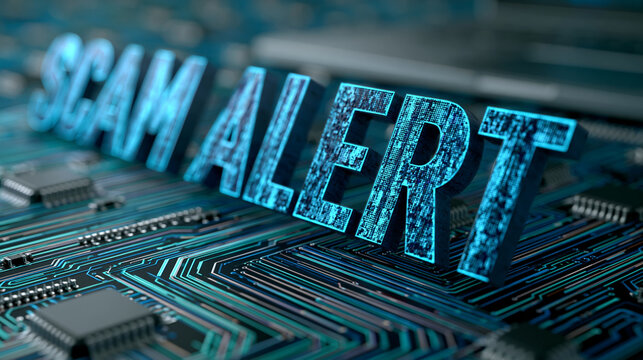 Close-up of a scam alert text displayed on a circuit board background with distressed digital font, cyber fraud warning concept, phishing awareness, internet crime visualization,