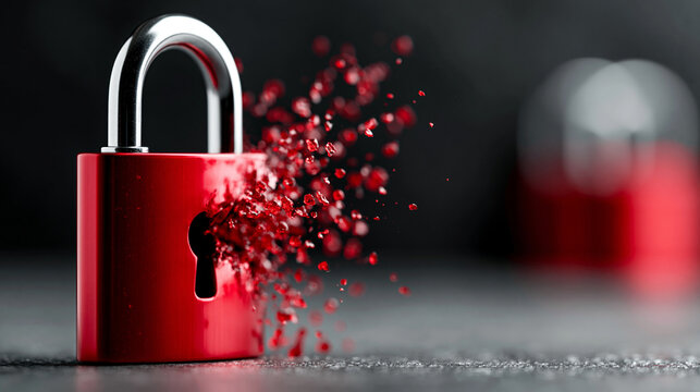 Close-up of a red padlock broken open on a dark digital background, security breach concept, compromised password symbol, cyber attack visualization, defocused background, with