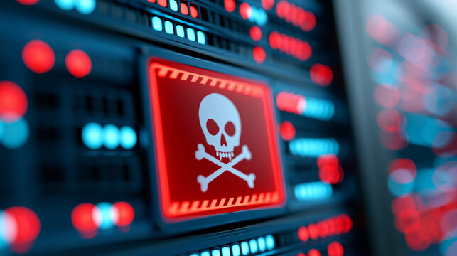 Close-up of a ransom note-style warning message on a server room display, ransomware attack concept, server protection visualization, cyber threat defense, defocused background,