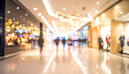 Obraz premium Blurred view of a bustling shopping mall with bright lights and reflections on shiny floors