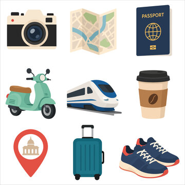 Collection of Travel and Leisure Icons for Vacation Planning.