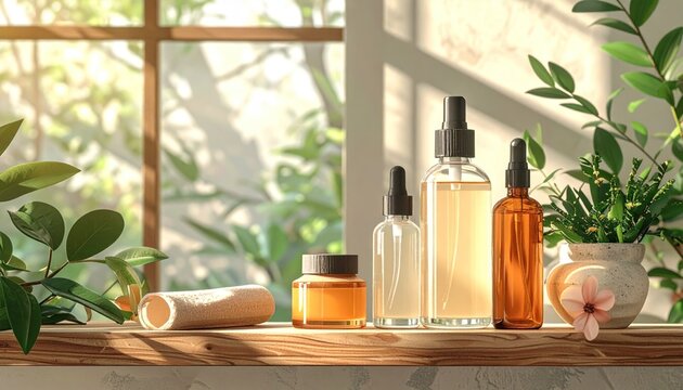 Sunlit shelf with various cosmetic bottles, plants, and towel by window; serene natural ambiance