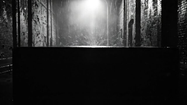Rain falling on a wet dark city alleyway with a mysterious block, cinematic noir ambiance