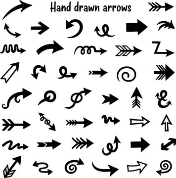 Hand drawn arrows vector collection. Diverse set of doodle pointers, scribbles, and directional signs for design, UI, infographics, and creative projects.
