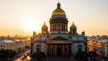 Obraz premium a large cathedral with a golden dome during sunset. The cathedral stands majestic against the backdrop of the setting sun, surrounded by buildings.