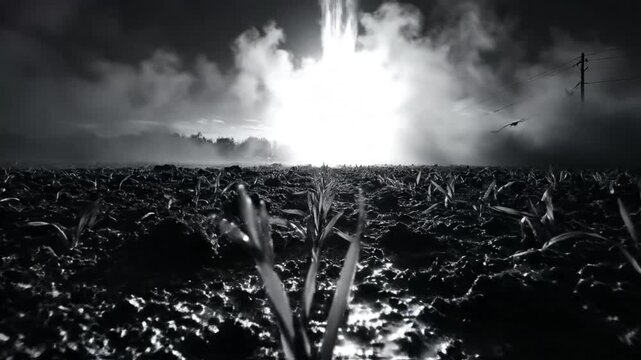 Dramatic black and white landscape of a field with tall bright explosion in the distance, dramatic scene