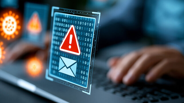 Close-up of an alert notification for spam virus threat with danger icons in an email security interface, email protection concept, virus threat notification, spam awareness