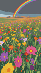 Naklejka premium Vibrant Wildflower Meadow with Rainbow After Rain