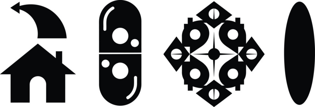 Black icons of house with arrow, capsule, gear and oval shapes