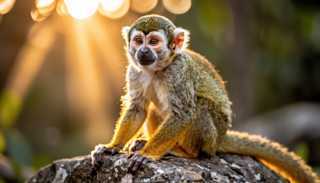 A monkey sits on a rock, basking in the sunlight. The monkey's fur glints with the warm light, highlighting the natural setting and surroundings.